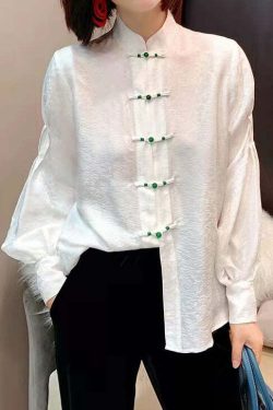 Y2K Chinese Style White Silk Blouse with Stand Collar, Button Jacquard, and Lantern Sleeves