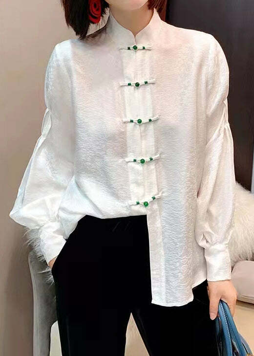 Y2K Chinese Style White Silk Blouse with Stand Collar, Button Jacquard, and Lantern Sleeves