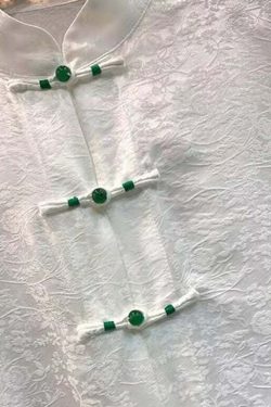 Y2K Chinese Style White Silk Blouse with Stand Collar, Button Jacquard, and Lantern Sleeves