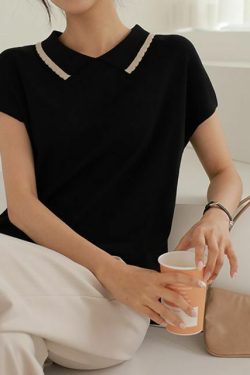 Y2K Collared Contrast Scallop-Trim Knit Top - 90s Grunge, Retro, Pastel Goth, Summer Fashion