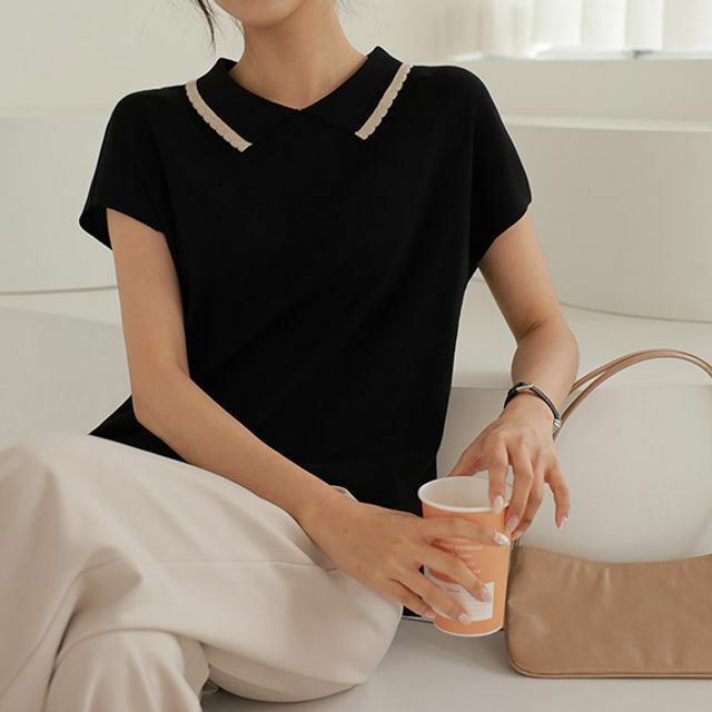 Y2K Collared Contrast Scallop-Trim Knit Top - 90s Grunge, Retro, Pastel Goth, Summer Fashion