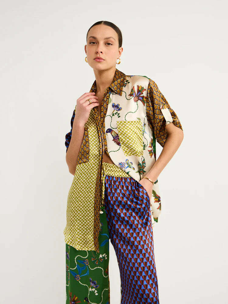 Y2K Color-Blocked Vacation Casual Two-Piece Set - Grunge, 90s, Summer, Party Outfits