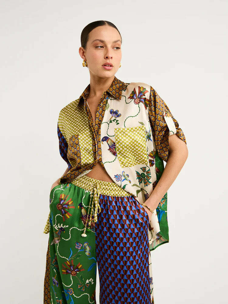 Y2K Color-Blocked Vacation Casual Two-Piece Set - Grunge, 90s, Summer, Party Outfits