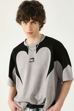 Y2K Contrast Curve Paneled Tee - Retro 90s Grunge, Summer Y2K Outfits, Baby Tees, Y2K