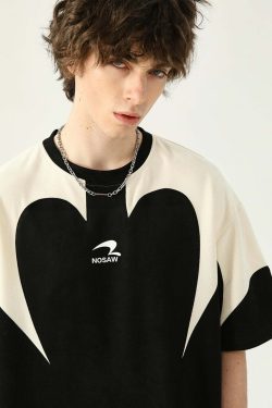 Y2K Contrast Curve Paneled Tee - Retro 90s Grunge, Summer Y2K Outfits, Baby Tees, Y2K