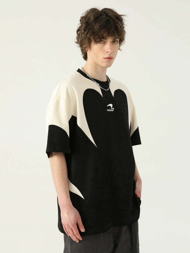 Y2K Contrast Curve Paneled Tee - Retro 90s Grunge, Summer Y2K Outfits, Baby Tees, Y2K