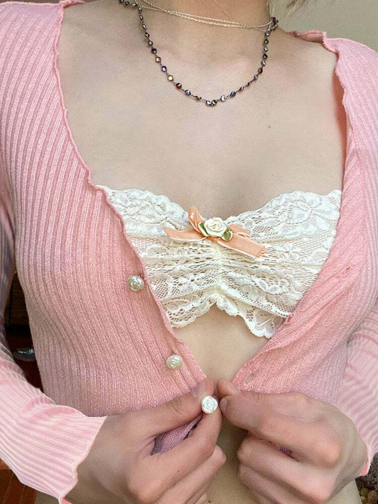Y2K Coquette Aesthetic Lace Cardigan Top - 90s Grunge, Retro, Pastel Goth, Summer Outfits