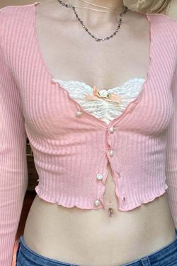 Y2K Coquette Aesthetic Lace Cardigan Top - 90s Grunge, Retro, Pastel Goth, Summer Outfits