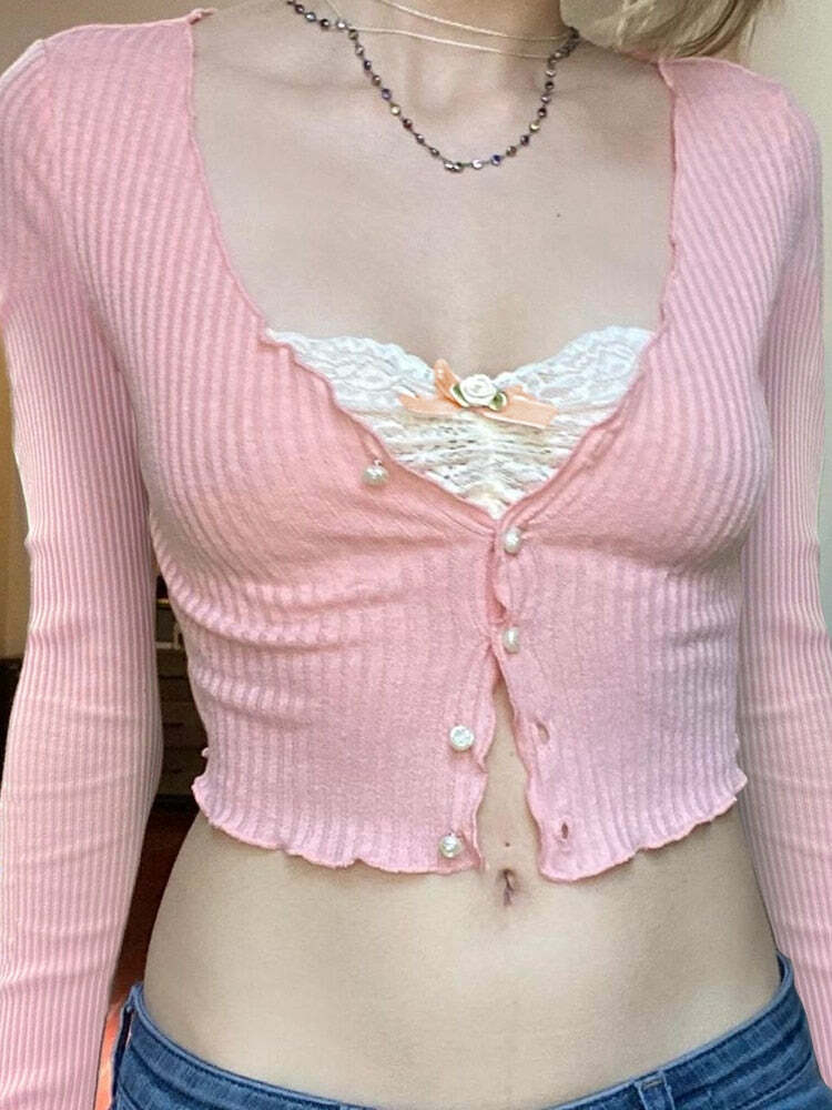 Y2K Coquette Aesthetic Lace Cardigan Top - 90s Grunge, Retro, Pastel Goth, Summer Outfits