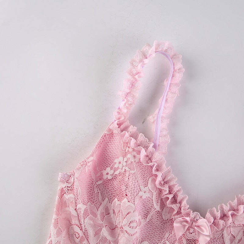 Y2K Coquette Fairy Dress - Pink Transparent Lace, 90s Grunge, Retro Summer Party Outfit