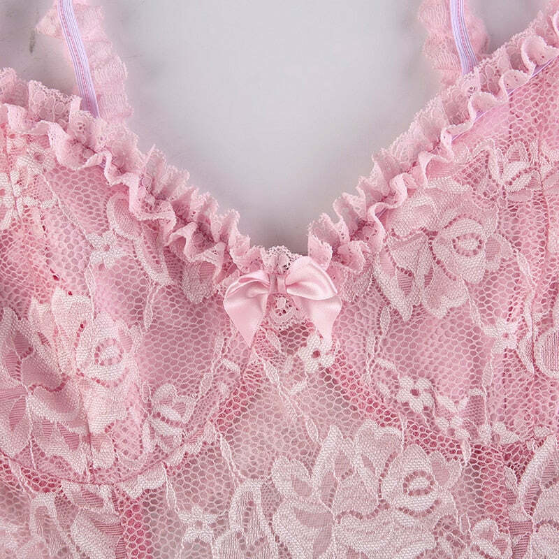 Y2K Coquette Fairy Dress - Pink Transparent Lace, 90s Grunge, Retro Summer Party Outfit
