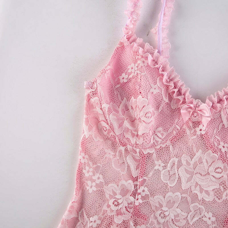 Y2K Coquette Fairy Dress - Pink Transparent Lace, 90s Grunge, Retro Summer Party Outfit