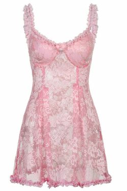 Y2K Coquette Fairy Dress - Pink Transparent Lace, 90s Grunge, Retro Summer Party Outfit
