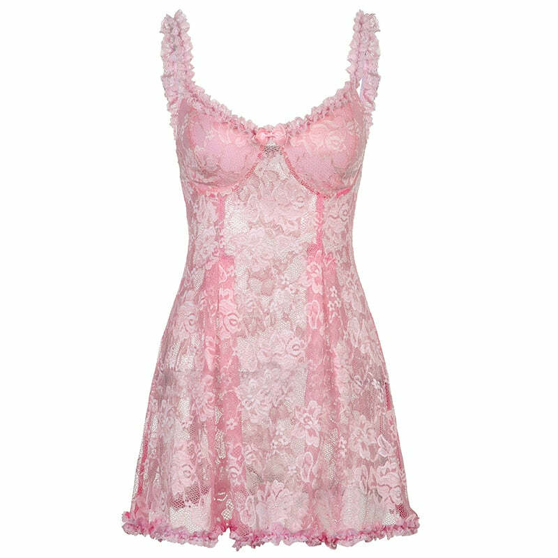 Y2K Coquette Fairy Dress - Pink Transparent Lace, 90s Grunge, Retro Summer Party Outfit