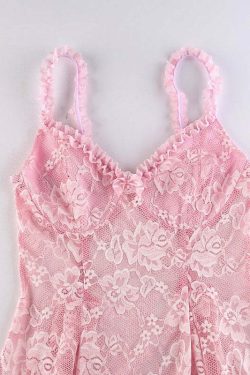 Y2K Coquette Fairy Dress - Pink Transparent Lace, 90s Grunge, Retro Summer Party Outfit