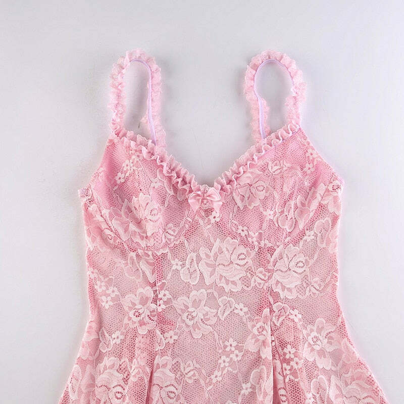 Y2K Coquette Fairy Dress - Pink Transparent Lace, 90s Grunge, Retro Summer Party Outfit