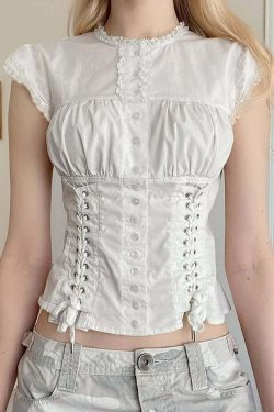 Y2K Coquette Lace Up Corset Blouse - 90s Grunge, Retro Summer, Pastel Goth, Y2K Party Outfit