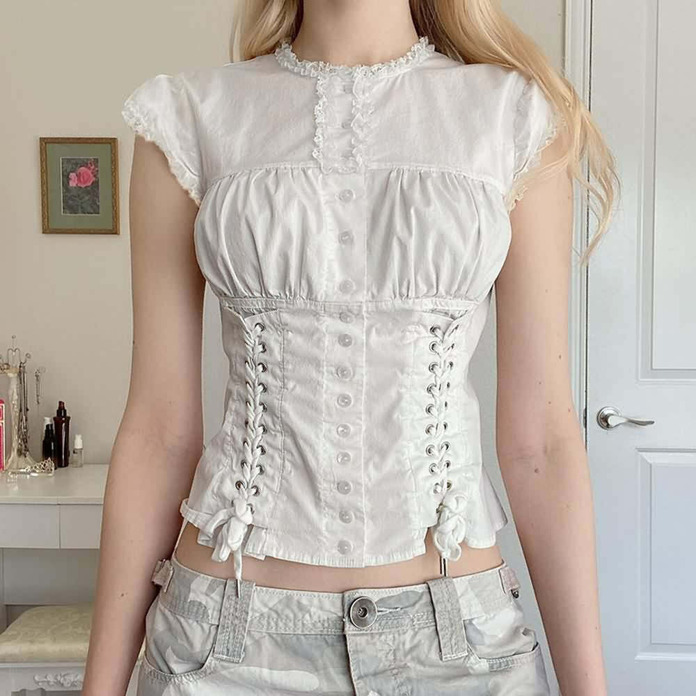 Y2K Coquette Lace Up Corset Blouse - 90s Grunge, Retro Summer, Pastel Goth, Y2K Party Outfit