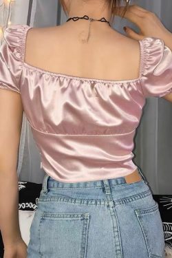 Y2K Coquette Satin Lace Up Crop Top - 90s Grunge, Retro, Pastel Goth, Summer Y2K Outfits