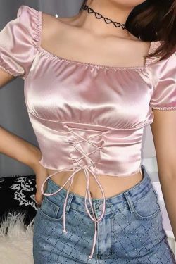 Y2K Coquette Satin Lace Up Crop Top - 90s Grunge, Retro, Pastel Goth, Summer Y2K Outfits