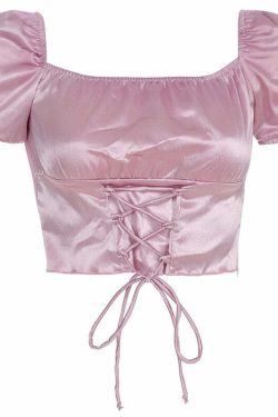 Y2K Coquette Satin Lace Up Crop Top - 90s Grunge, Retro, Pastel Goth, Summer Y2K Outfits