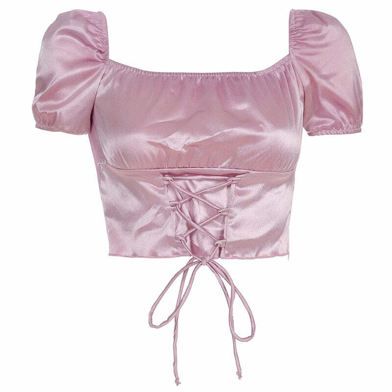 Y2K Coquette Satin Lace Up Crop Top - 90s Grunge, Retro, Pastel Goth, Summer Y2K Outfits