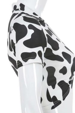 Y2K Cow-Bye Print V-Neck Crop Top - Retro 90s Grunge Summer Outfit for Women