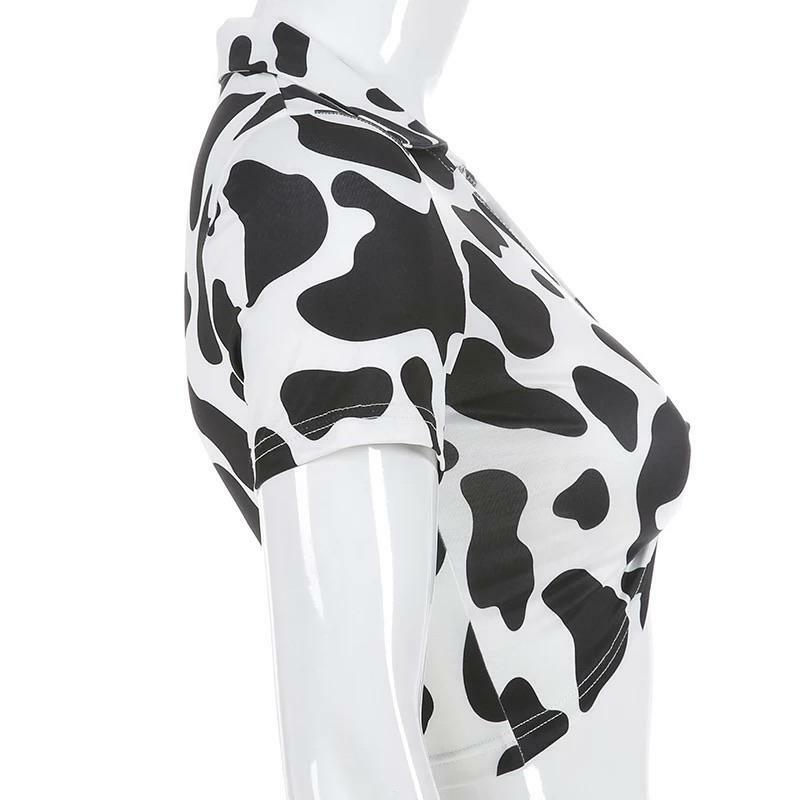 Y2K Cow-Bye Print V-Neck Crop Top - Retro 90s Grunge Summer Outfit for Women