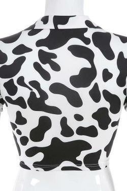 Y2K Cow-Bye Print V-Neck Crop Top - Retro 90s Grunge Summer Outfit for Women