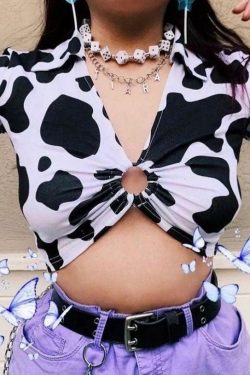 Y2K Cow-Bye Print V-Neck Crop Top - Retro 90s Grunge Summer Outfit for Women