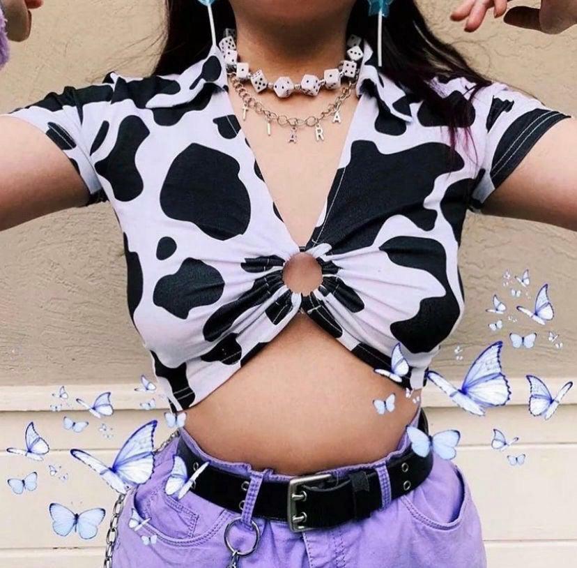 Y2K Cow-Bye Print V-Neck Crop Top - Retro 90s Grunge Summer Outfit for Women