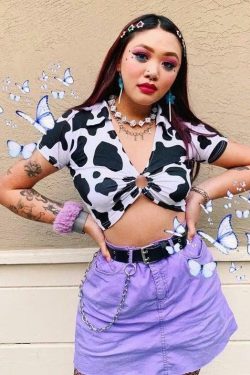 Y2K Cow-Bye Print V-Neck Crop Top - Retro 90s Grunge Summer Outfit for Women