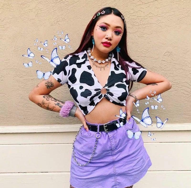 Y2K Cow-Bye Print V-Neck Crop Top - Retro 90s Grunge Summer Outfit for Women