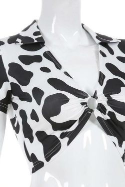 Y2K Cow-Bye Print V-Neck Crop Top - Retro 90s Grunge Summer Outfit for Women