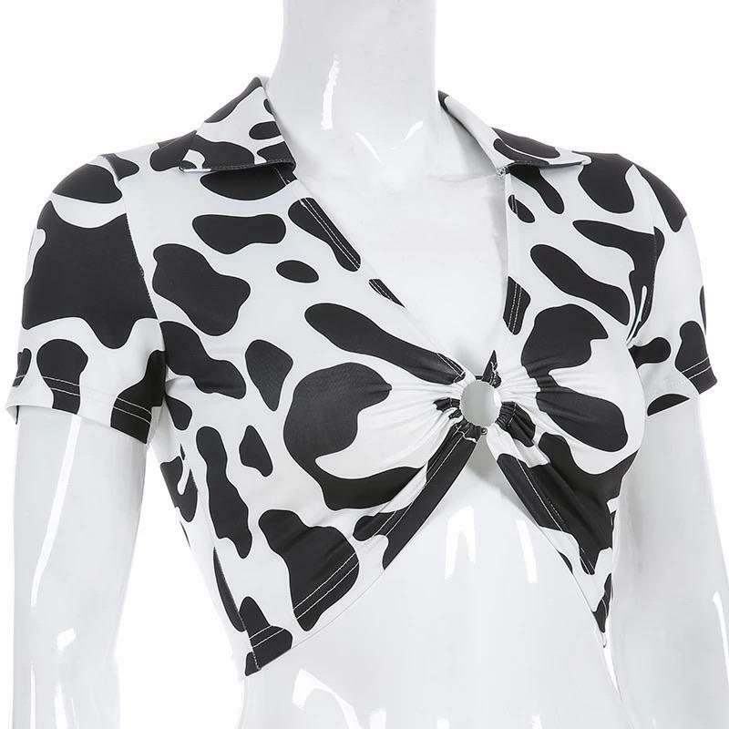 Y2K Cow-Bye Print V-Neck Crop Top - Retro 90s Grunge Summer Outfit for Women
