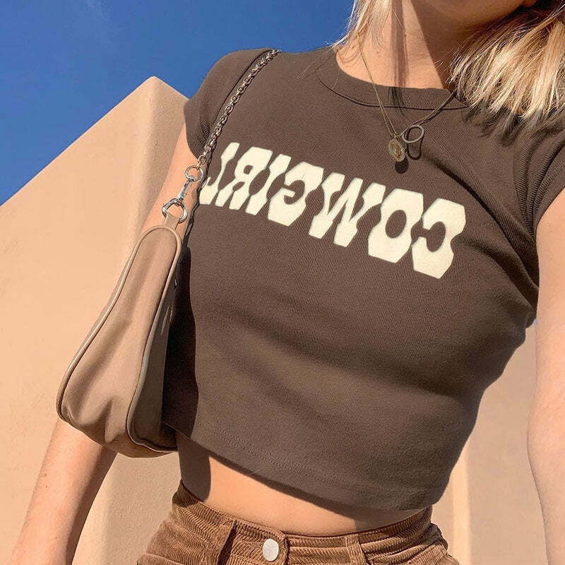 Y2K Cowgirl Letter Print Crop T-Shirt - Retro 90s Grunge, Summer Y2K Outfits, Baby Tees Y2