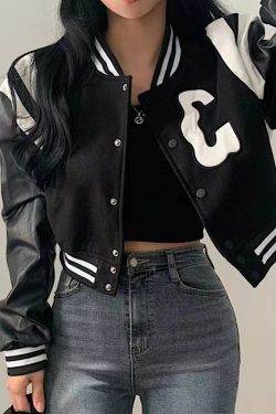 Y2K Cropped Varsity Jacket - 90s Grunge, Retro Style, Y2K Summer Outfits, Y2K Fashion