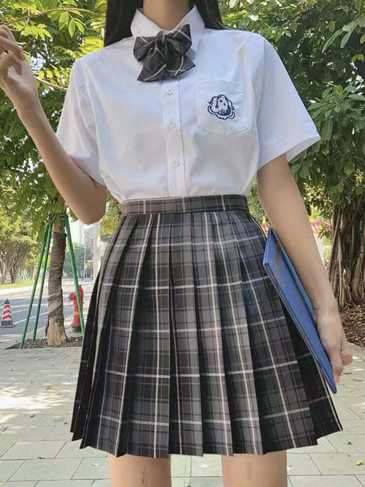 Y2K Dark Academia Plaid Skirt Set - Grunge 90s Fashion, Retro Summer Outfit, Dark Gray Bow