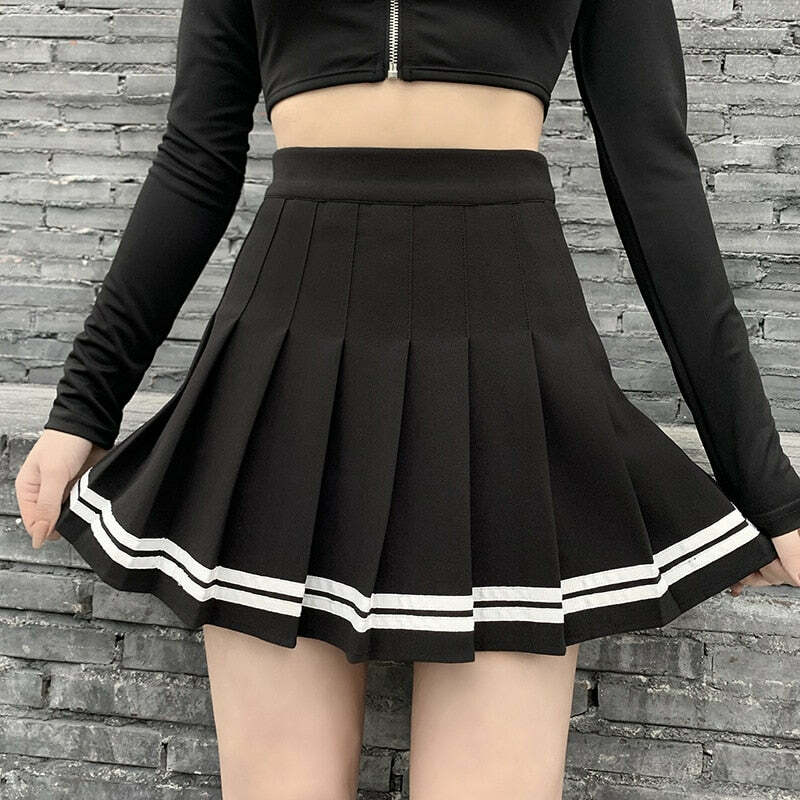 Y2K Dark Academia Preppy Mini Pleated Skirt - Black Grunge 90s Fashion Retro Style