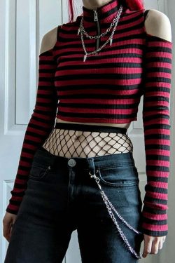Y2K Dark Grunge E-Girl Striped Crop Top - 90s Fashion, Y2K Summer Outfits, Retro Style