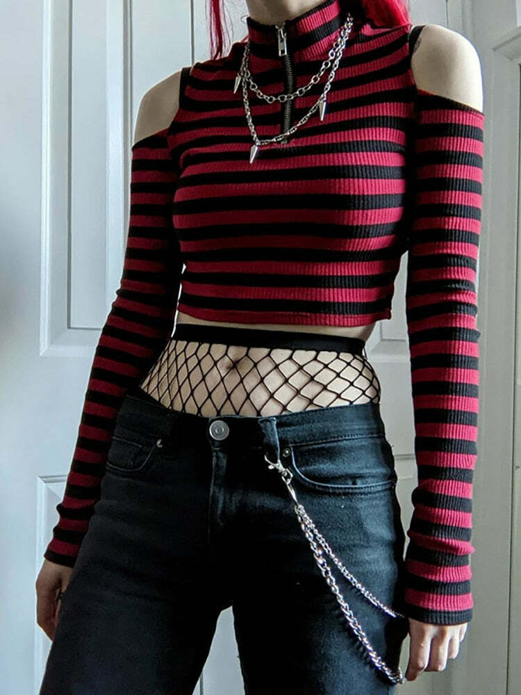 Y2K Dark Grunge E-Girl Striped Crop Top - 90s Fashion, Y2K Summer Outfits, Retro Style