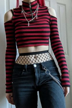Y2K Dark Grunge E-Girl Striped Crop Top - 90s Fashion, Y2K Summer Outfits, Retro Style