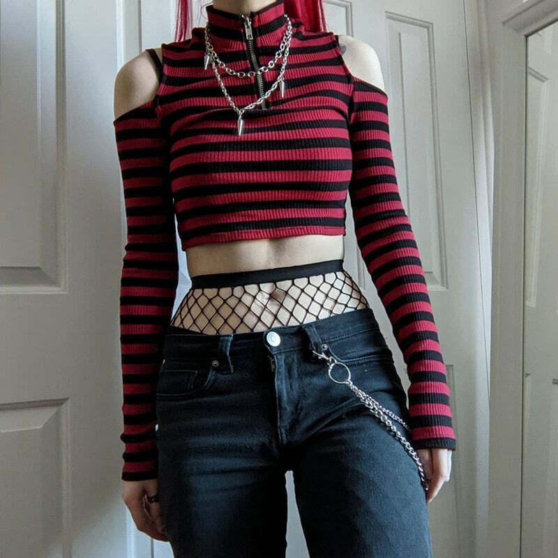 Y2K Dark Grunge E-Girl Striped Crop Top - 90s Fashion, Y2K Summer Outfits, Retro Style