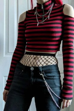 Y2K Dark Grunge E-Girl Striped Crop Top - 90s Fashion, Y2K Summer Outfits, Retro Style