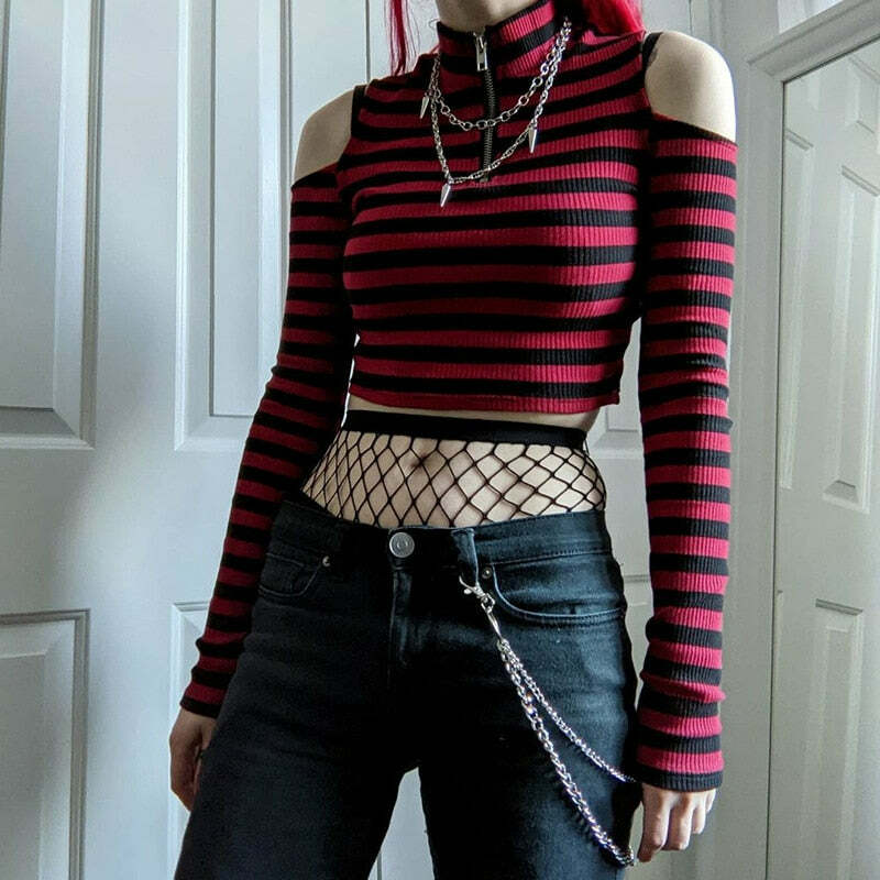 Y2K Dark Grunge E-Girl Striped Crop Top - 90s Fashion, Y2K Summer Outfits, Retro Style