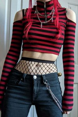 Y2K Dark Grunge E-Girl Striped Crop Top - 90s Fashion, Y2K Summer Outfits, Retro Style