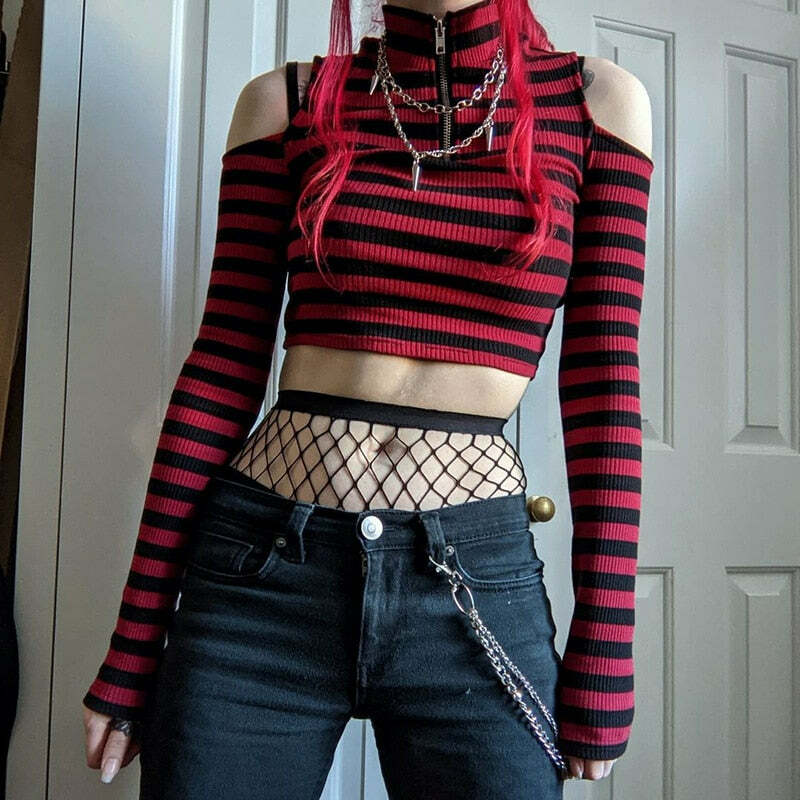 Y2K Dark Grunge E-Girl Striped Crop Top - 90s Fashion, Y2K Summer Outfits, Retro Style