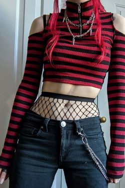 Y2K Dark Grunge E-Girl Striped Crop Top - 90s Fashion, Y2K Summer Outfits, Retro Style