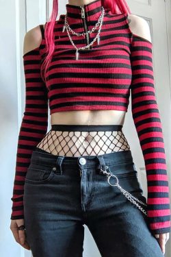 Y2K Dark Grunge E-Girl Striped Crop Top - 90s Fashion, Y2K Summer Outfits, Retro Style