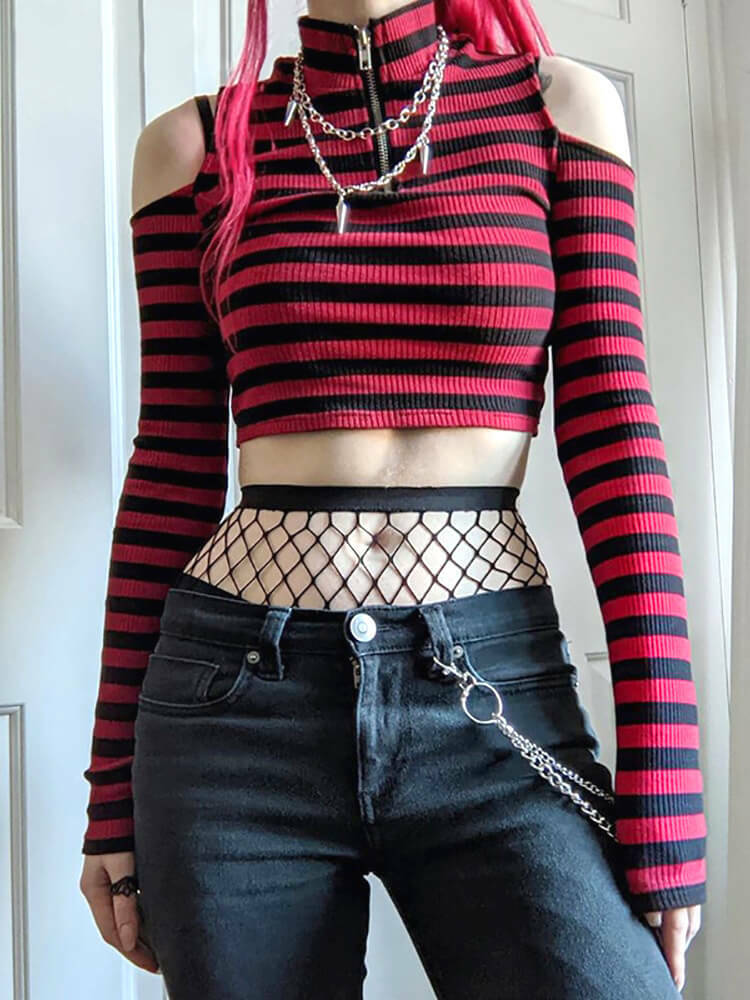 Y2K Dark Grunge E-Girl Striped Crop Top - 90s Fashion, Y2K Summer Outfits, Retro Style